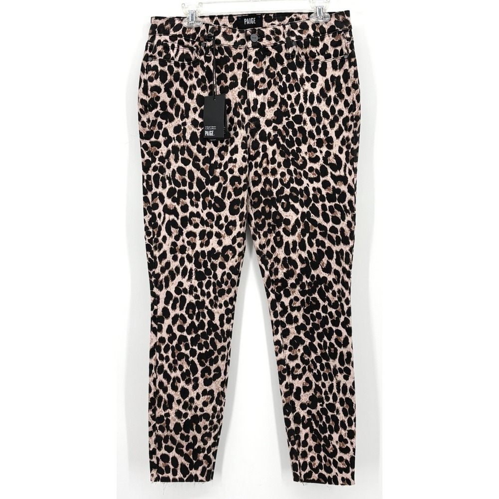 PAIGE Hoxton Ankle Jeans Size 30 Leopard Print High Rise Raw Hem NWT - Picture 2 of 9